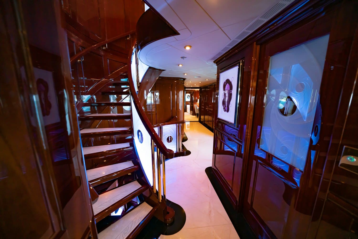 Interior staircase aboard a superyacht